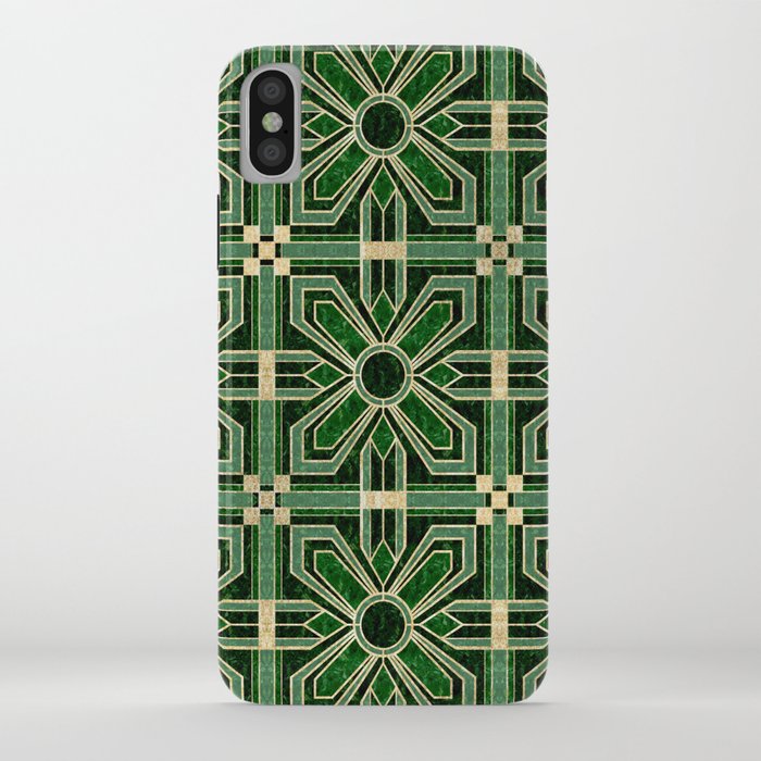 Art Deco Floral Tiles in Emerald Green and Faux Gold iPhone Case