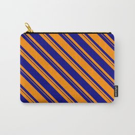 [ Thumbnail: Dark Orange & Blue Colored Lined/Striped Pattern Carry-All Pouch ]
