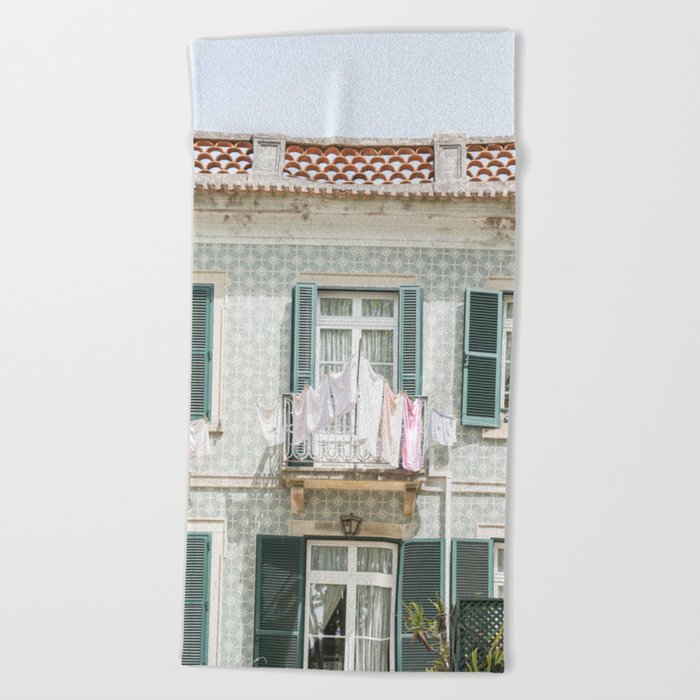 Laundry Day in Sintra | Tiled House in Portugal Art print | Street Travel Photography in Soft Pastel Colors Beach Towel