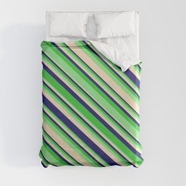 [ Thumbnail: Lime Green, Light Green, Bisque, and Midnight Blue Colored Lined Pattern Duvet Cover ]