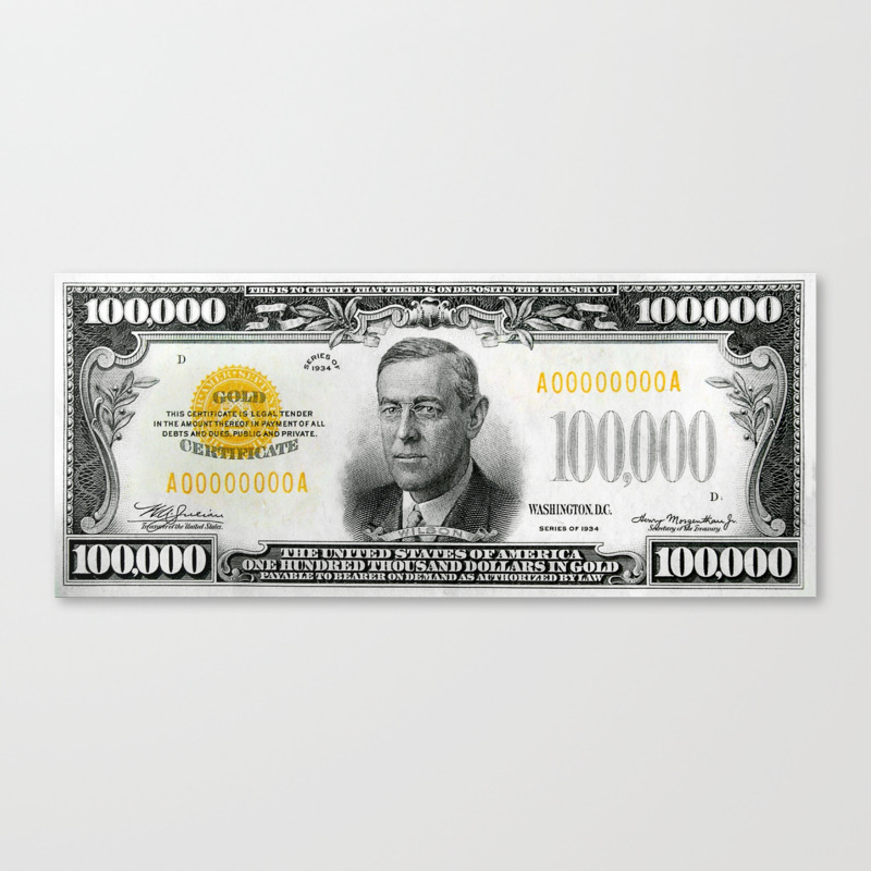 Highly Exclusive Replica 1934 100 000 Gold Certificate Bank Note Canvas Print