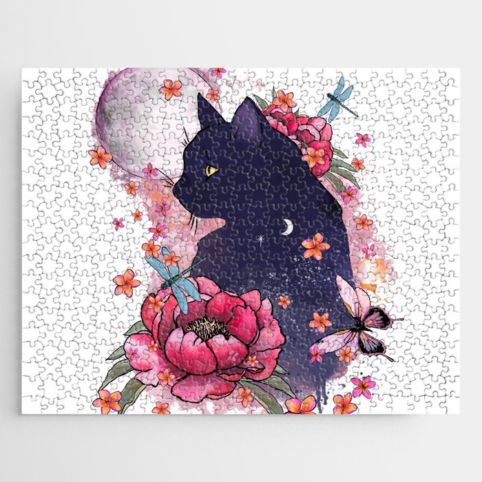 Black cat and moon, flowers and butterfly Jigsaw Puzzle