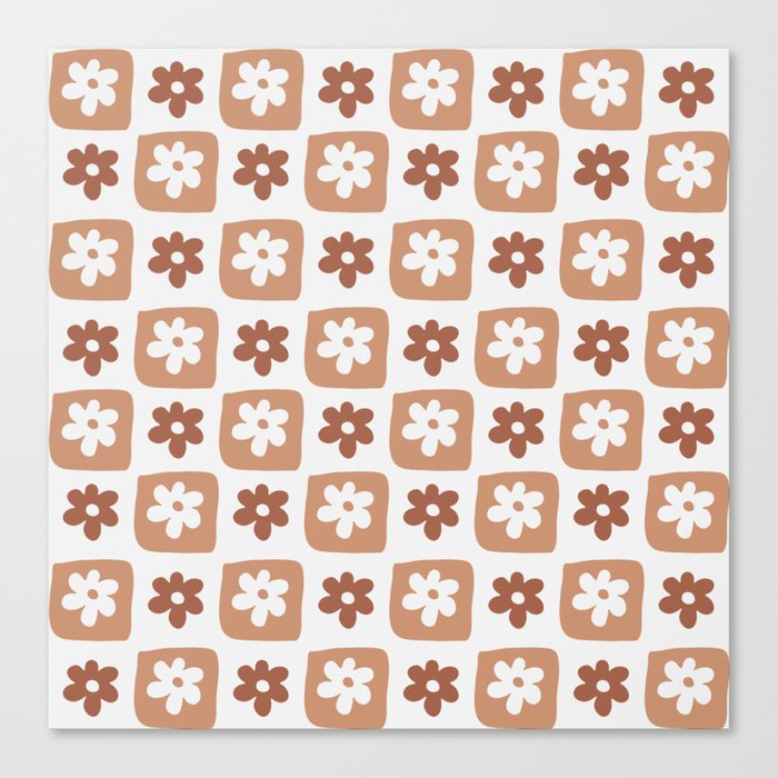 Hand-Drawn Checkered Flower Shapes Pattern (Monochromatic Brown) Canvas Print