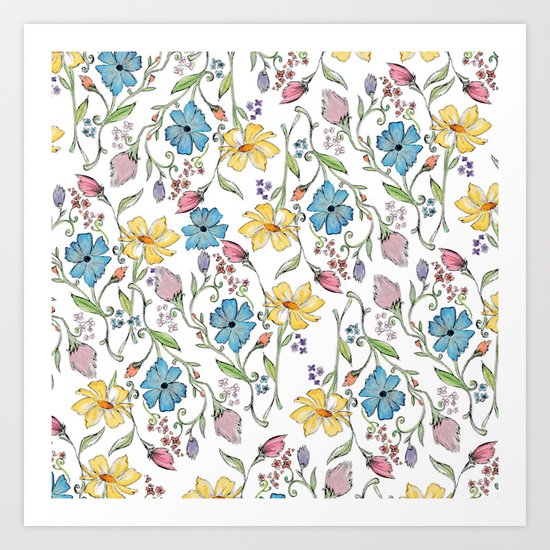 Spring flowers pattern - watercolor Art Print