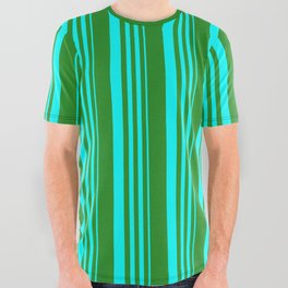 [ Thumbnail: Cyan and Forest Green Colored Stripes Pattern All Over Graphic Tee ]