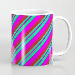 [ Thumbnail: Green, Fuchsia & Red Colored Striped Pattern Coffee Mug ]