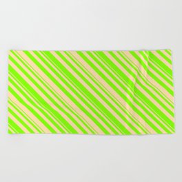 [ Thumbnail: Chartreuse and Tan Colored Lined Pattern Beach Towel ]