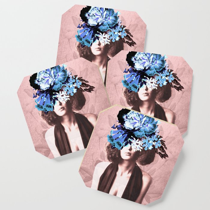 Floral Woman Vintage Blue and Pink Rose Gold Coaster
