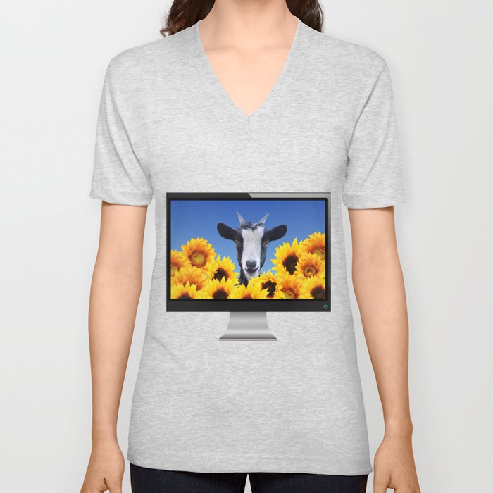 Computer Screen - Goat Sunflowers Field - Animals V Neck T Shirt