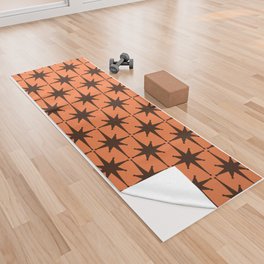 Midcentury Modern Atomic Starburst Pattern in Retro Orange and Dark Brown Yoga Towel