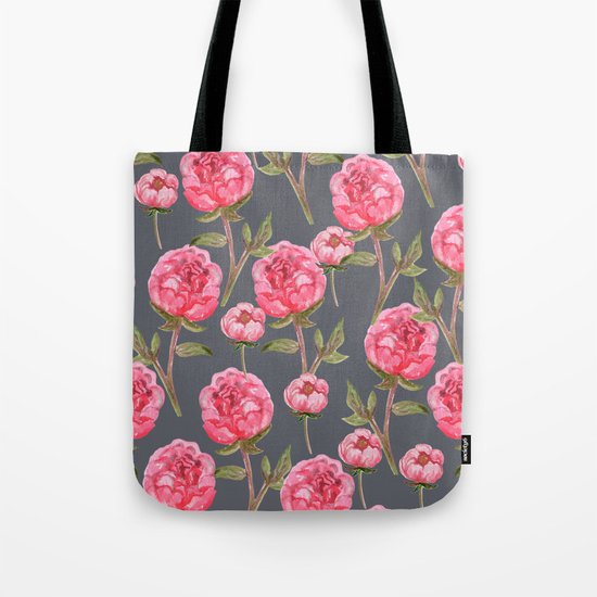 Pink Peonies On Grey Background Tote Bag