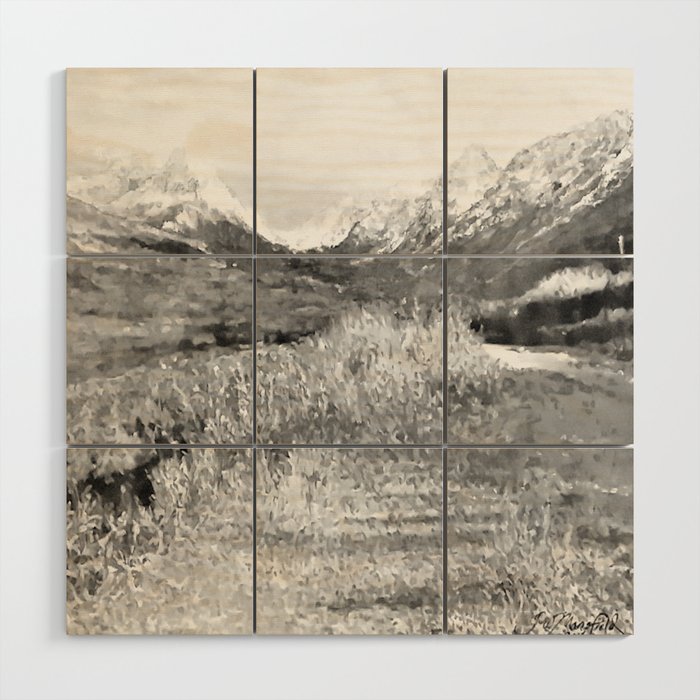 Glen Alps Walk, Grey Scale, Oil Pastel Drawing Wood Wall Art