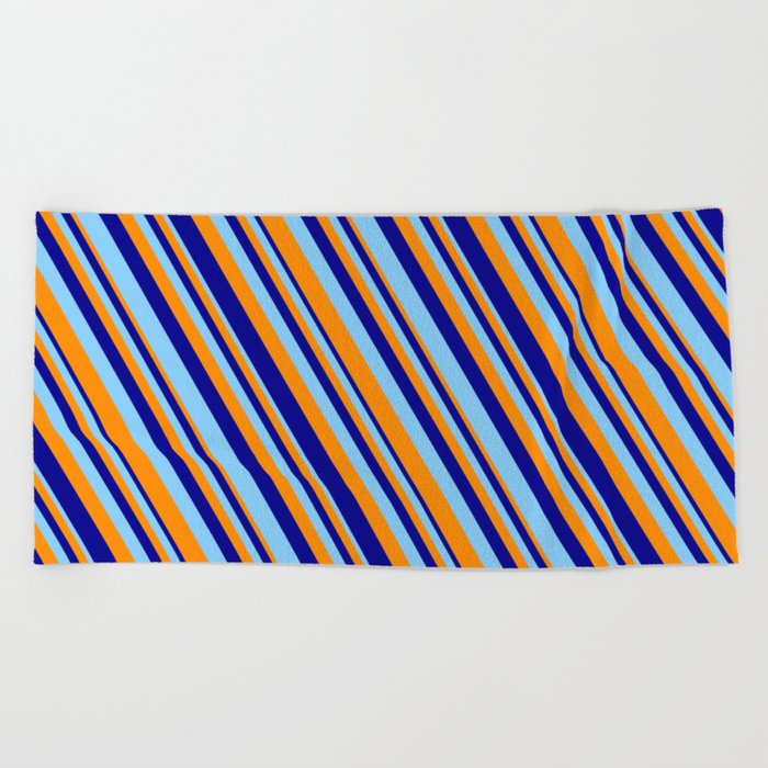 Dark Orange, Dark Blue & Light Sky Blue Colored Lines/Stripes Pattern Beach Towel