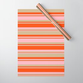 [ Thumbnail: Red, Light Pink, and Tan Colored Lined/Striped Pattern Wrapping Paper ]