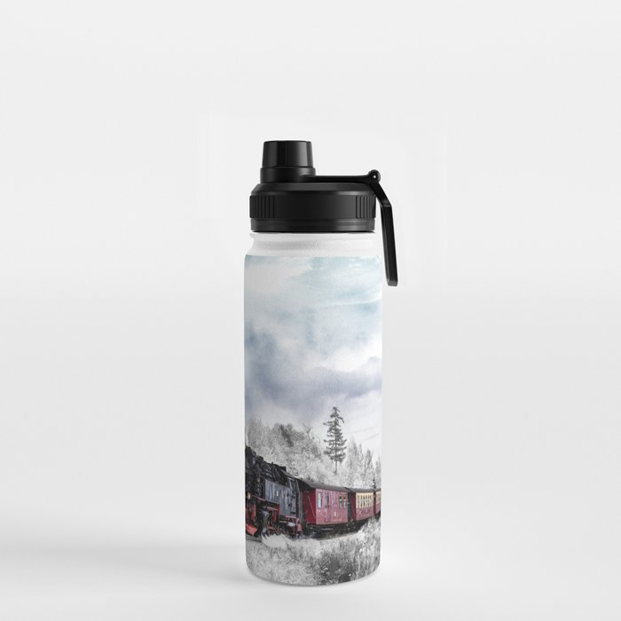 Vintage train,snow,winter art Water Bottle