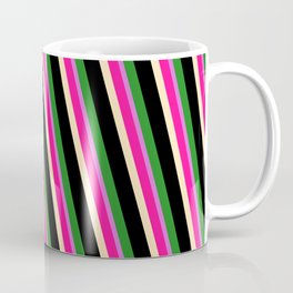[ Thumbnail: Vibrant Deep Pink, Beige, Black, Forest Green, and Orchid Colored Lines Pattern Coffee Mug ]