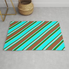 [ Thumbnail: Sienna, Powder Blue, Aqua & Green Colored Stripes Pattern Rug ]