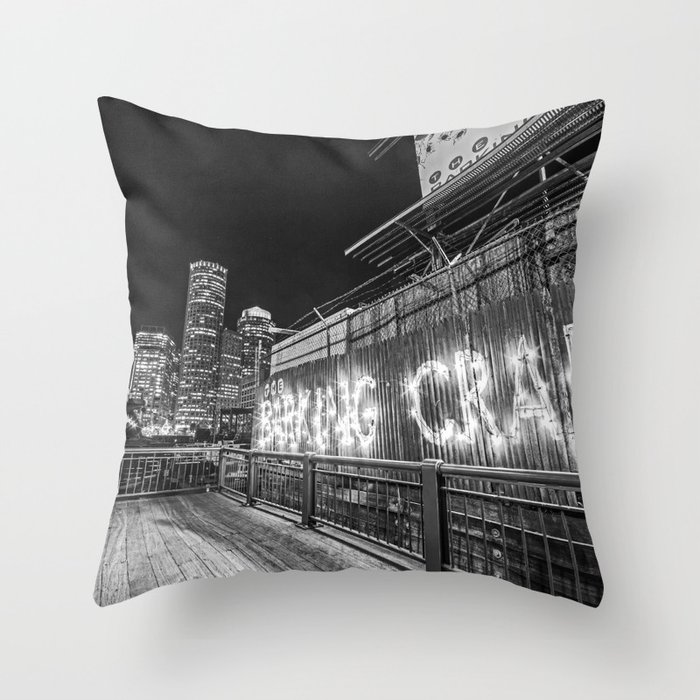 Boston Fort Port Channel Barking Crab at Night Black and White Throw Pillow