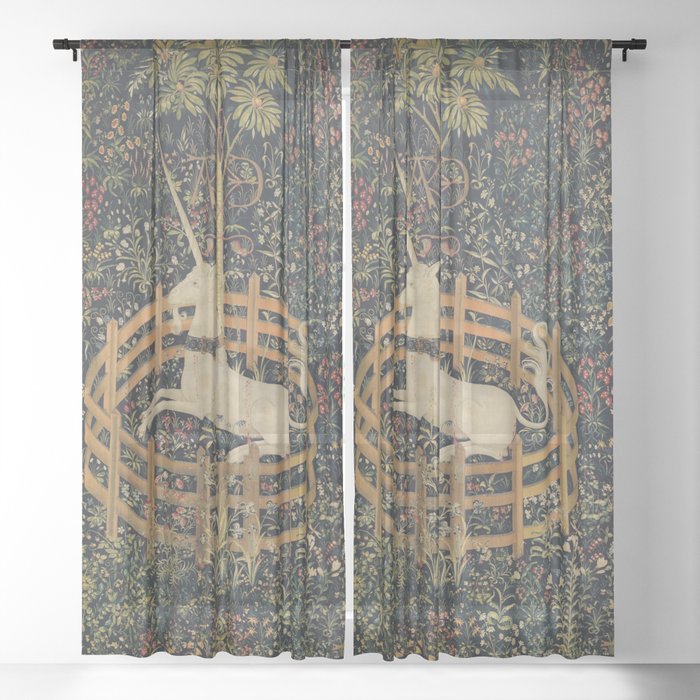 Unicorn In Captivity 'The Lady and the Unicorn' Medieval Tapestry Sheer Curtain