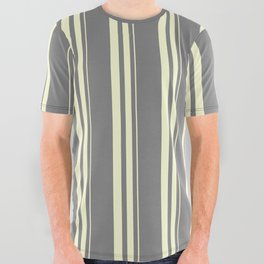 [ Thumbnail: Grey and Light Yellow Colored Striped/Lined Pattern All Over Graphic Tee ]