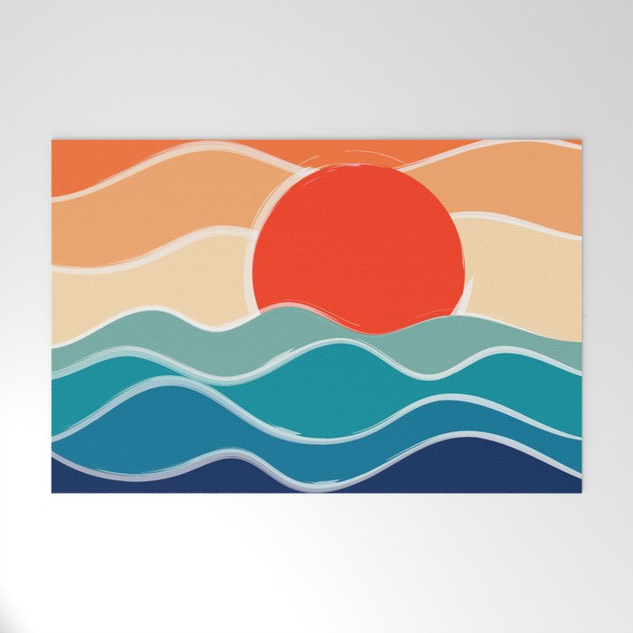 Retro 70s and 80s Color Palette Mid-Century Minimalist Nature Waves and Sun Abstract Art Welcome Mat