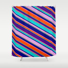 [ Thumbnail: Eyecatching Dark Turquoise, Blue, Indigo, Plum, and Red Colored Lined/Striped Pattern Shower Curtain ]