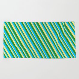 [ Thumbnail: Deep Sky Blue, Tan & Forest Green Colored Striped Pattern Beach Towel ]