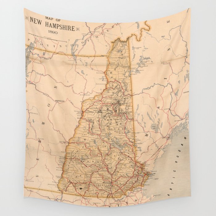 Vintage Map of New Hampshire (1890) Wall Tapestry by BravuraMedia 