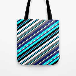 [ Thumbnail: Aqua, Black, White, Dim Gray & Midnight Blue Colored Stripes/Lines Pattern Tote Bag ]