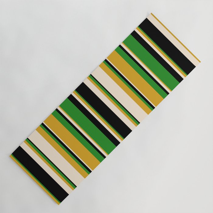 Goldenrod, Beige, Black & Forest Green Colored Striped Pattern Yoga Mat