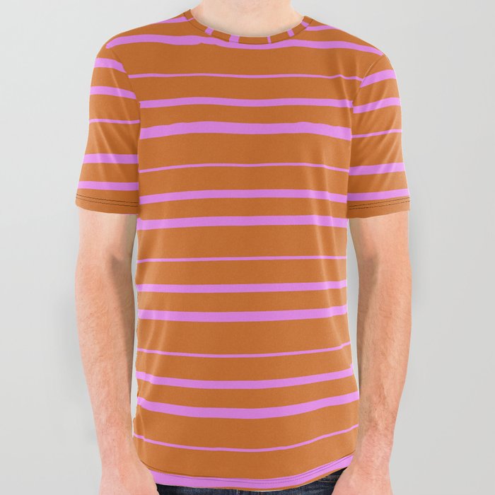 Chocolate and Violet Colored Striped Pattern All Over Graphic Tee