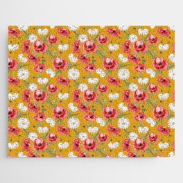 Daisy and Poppy Seamless Pattern on Mustard Background Jigsaw Puzzle