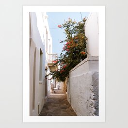Small Greek Street | Flower Filled Mediterranean Ally | Travel Photography on the Islands of Greece Art Print