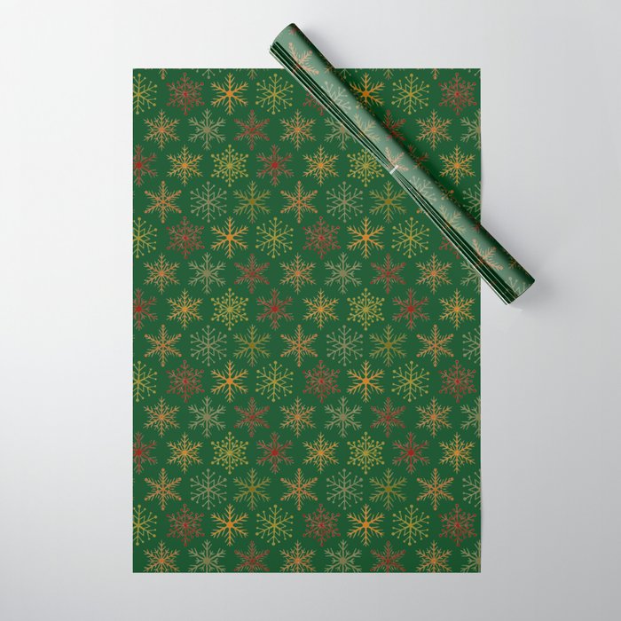 Snowflakes Wrapping Paper on Dark Green Background Wrapping Paper