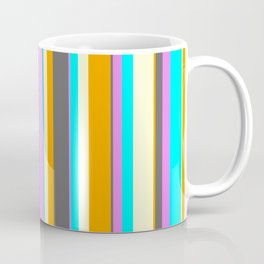 [ Thumbnail: Eye-catching Orange, Dim Grey, Violet, Cyan & Light Yellow Colored Pattern of Stripes Coffee Mug ]
