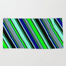 [ Thumbnail: Colorful Black, Lime, Dark Blue, Aquamarine, and Light Slate Gray Colored Lined Pattern Beach Towel ]
