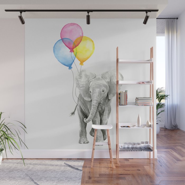 Baby Elephant With Balloons Nursery Animals Prints Whimsical Animal Wall Mural By Olechka Society6