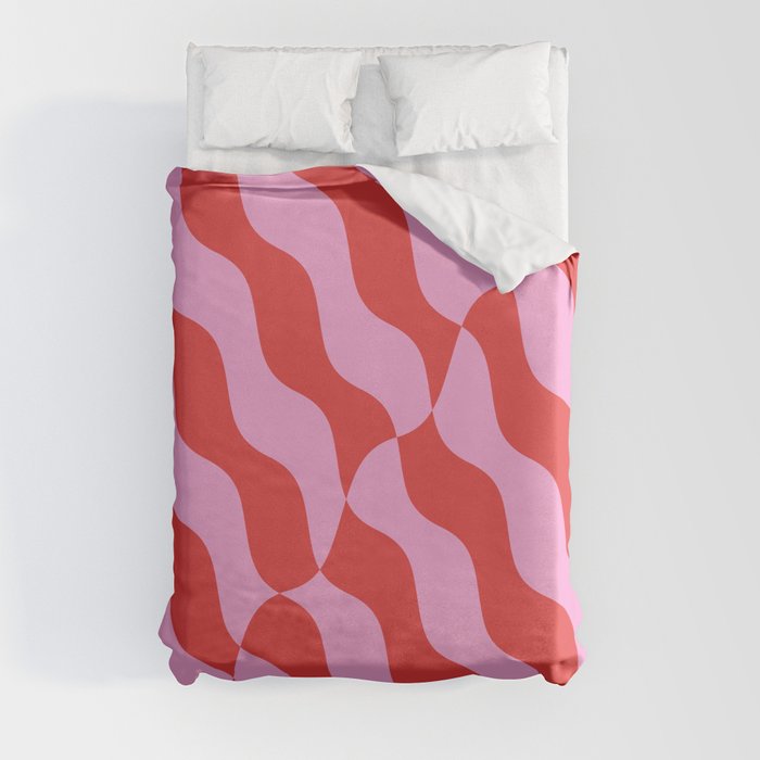 Retro Wavy Abstract Pattern in Red & Pink Duvet Cover