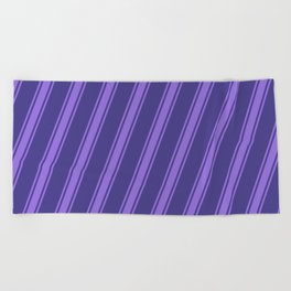 [ Thumbnail: Dark Slate Blue and Purple Colored Stripes Pattern Beach Towel ]