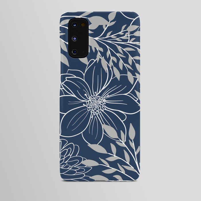 Festive, Floral Prints and Leaves, Line Art, Navy Blue and Gray Android Case