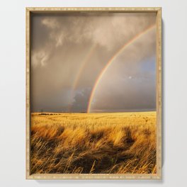 Pot O' Gold - Brilliant Rainbow Ends in Golden Wheat Field on Autumn Day in Kansas Serving Tray