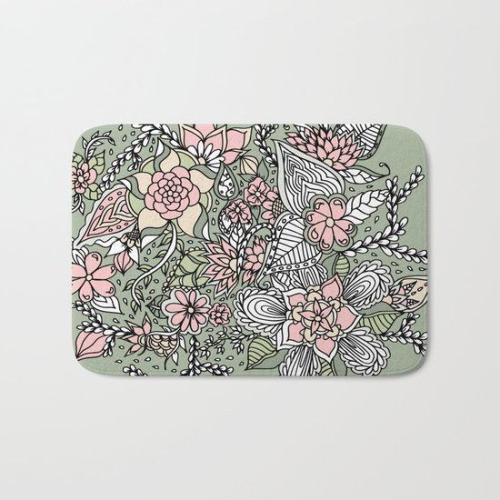 Modern green pink floral handdrawn pattern Bath Mat