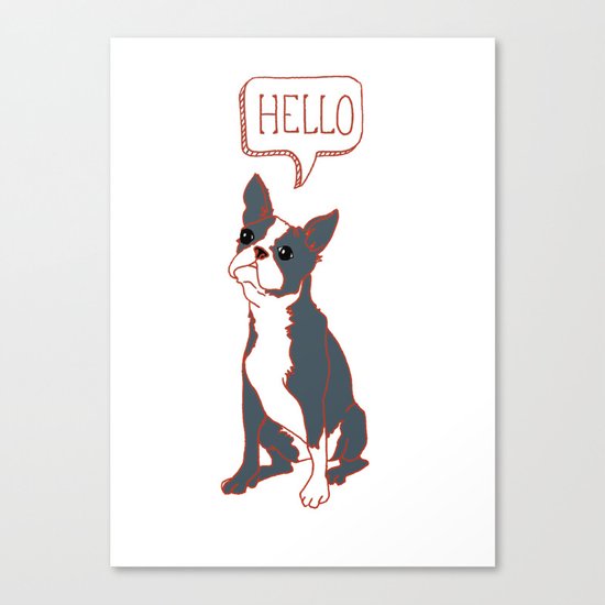 Boston Terrier, Hello, Red, Black, Grey Canvas Print