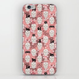 Skulls with cats, bats, and witchy things - halloween, pastel orange, coral iPhone Skin