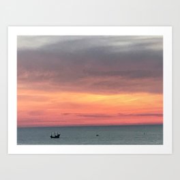 Sunset Treasure Art Print | Ship, Pirate, Beach, Color, Sunset, Gold, Sky, Pirates, Ocean, Pirateship 