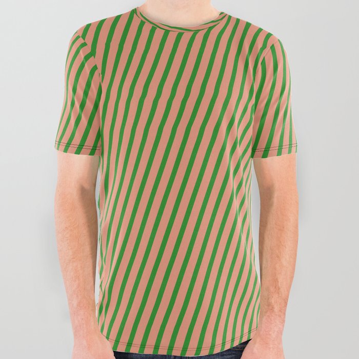 Forest Green and Dark Salmon Colored Striped Pattern All Over Graphic Tee