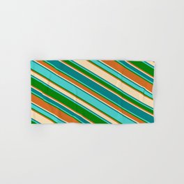 [ Thumbnail: Colorful Tan, Teal, Turquoise, Green, and Chocolate Colored Lines Pattern Hand & Bath Towel ]