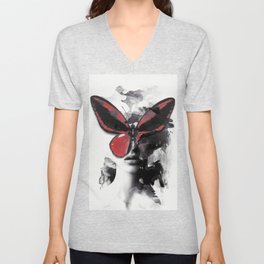 Red Butterfly V Neck T Shirt