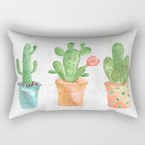 Three Green Cacti Watercolor White Rectangular Pillow