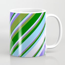 [ Thumbnail: Vibrant Medium Slate Blue, Green, Dark Green, Light Sky Blue & Lavender Colored Stripes Pattern Coffee Mug ]